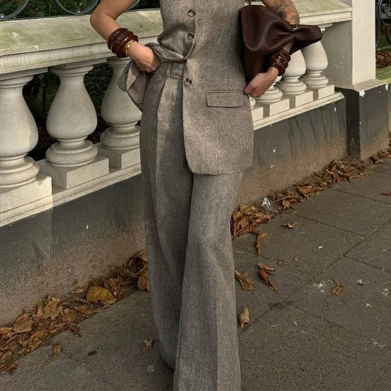 Sleeveless Single-breasted Vest High Waist + Wide Leg Trousers Set