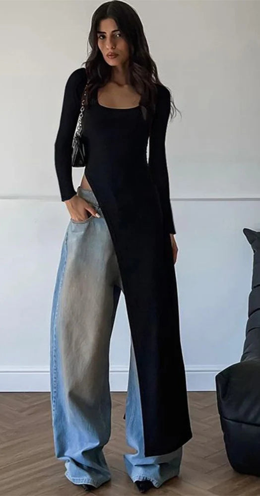 Solid Full Sleeve U-Neck Split Super-Long Top