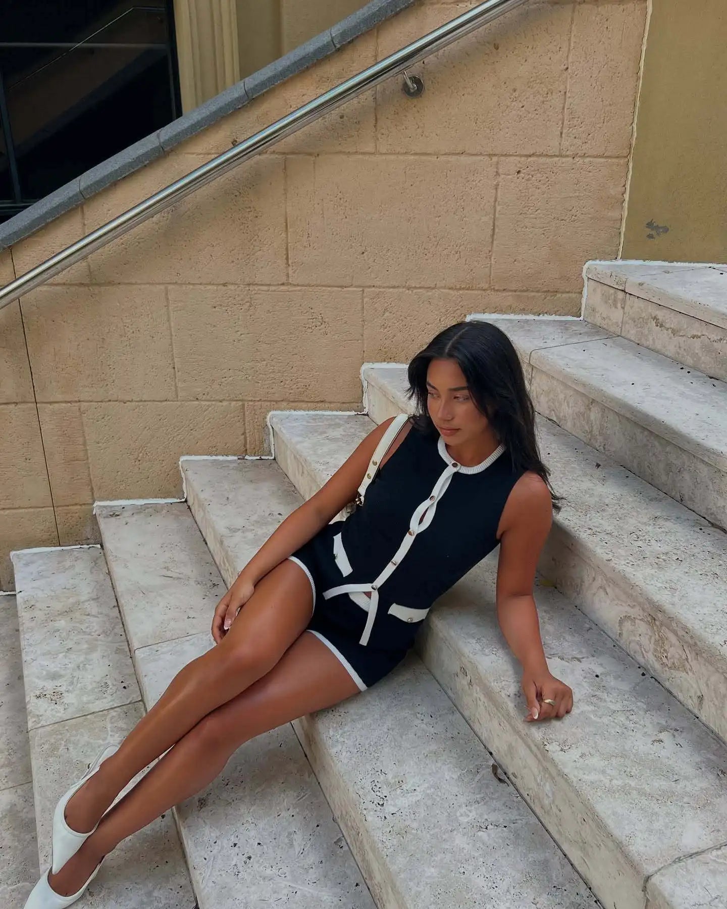 Slim Knitted Patchwork Top and Mini Shorts