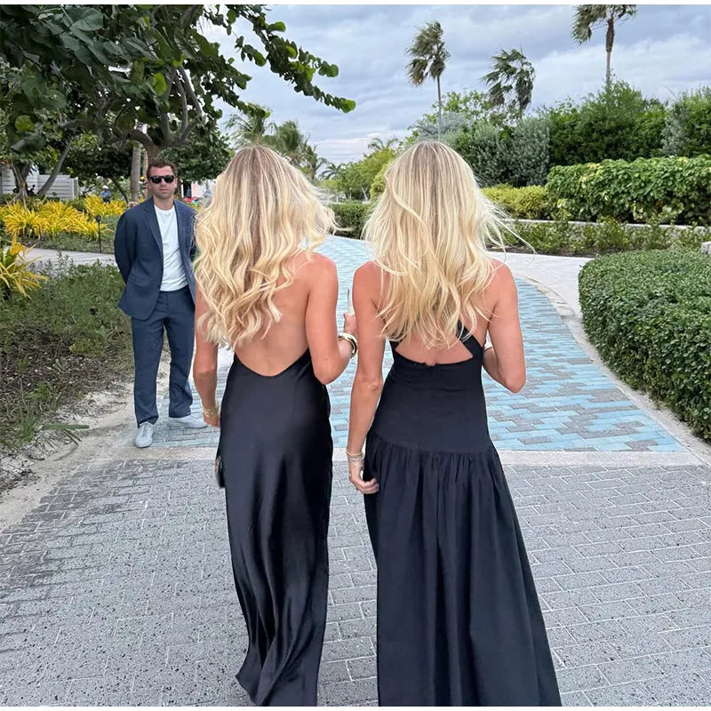 Black Satin Patchwork V-neck Sleeveless Backless Maxi Dress