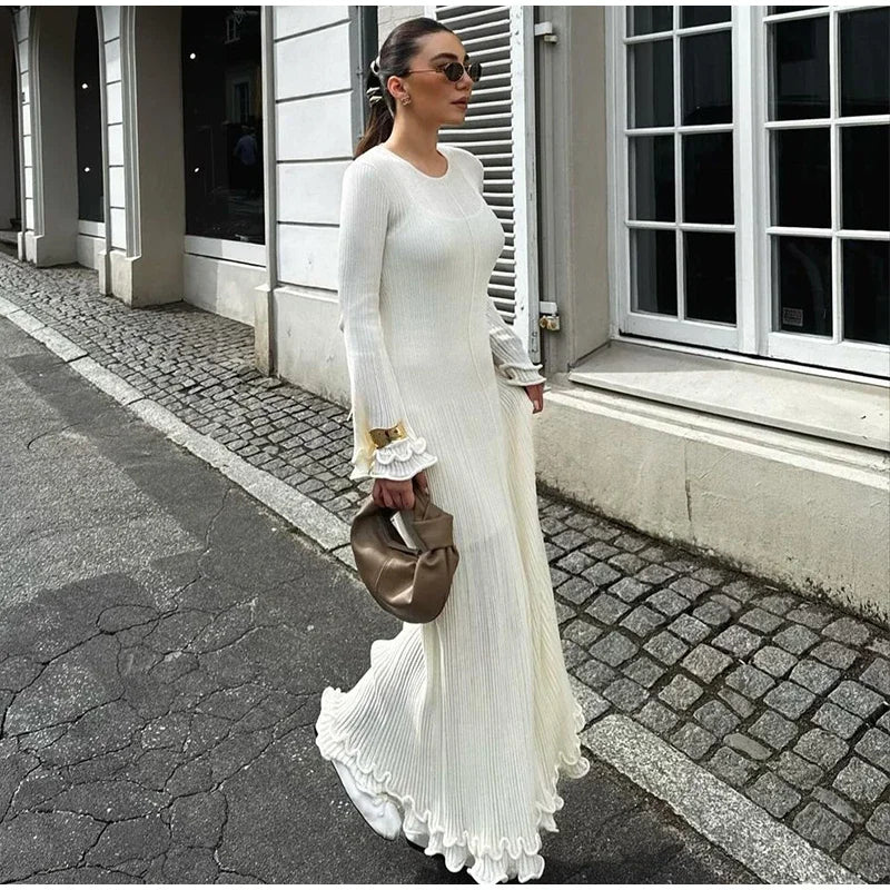 Elegant Ruffle Hem Knit White Long Dress