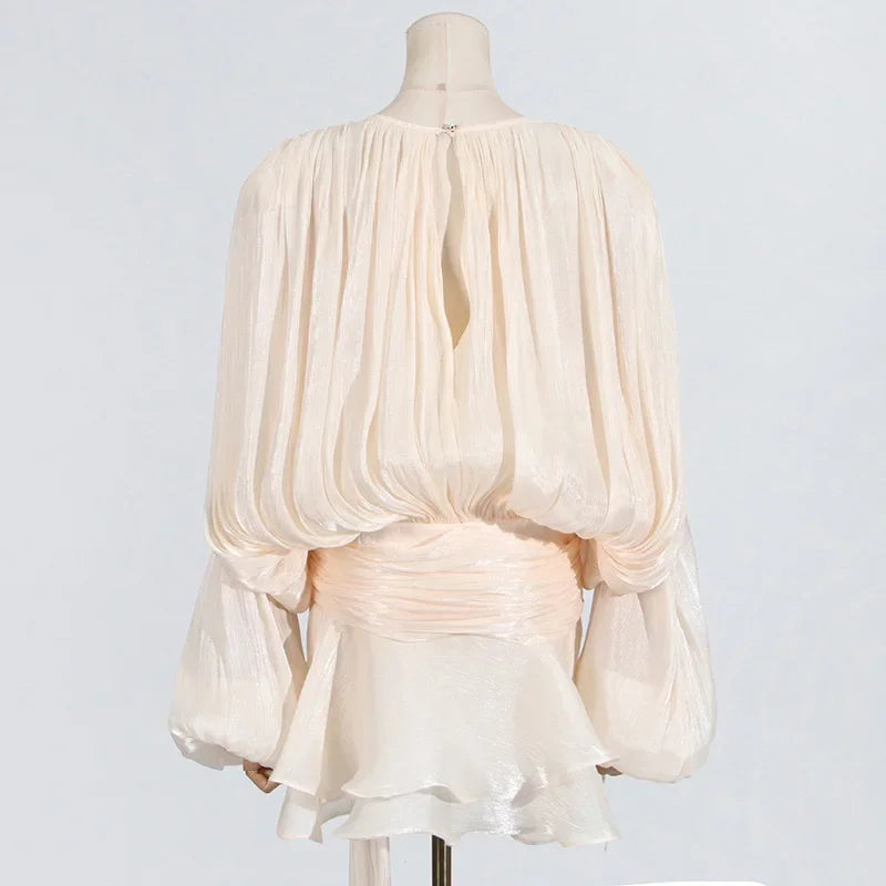 Chic Ruffle Hem Mini O Neck Lace Up Loose Blouse Dress