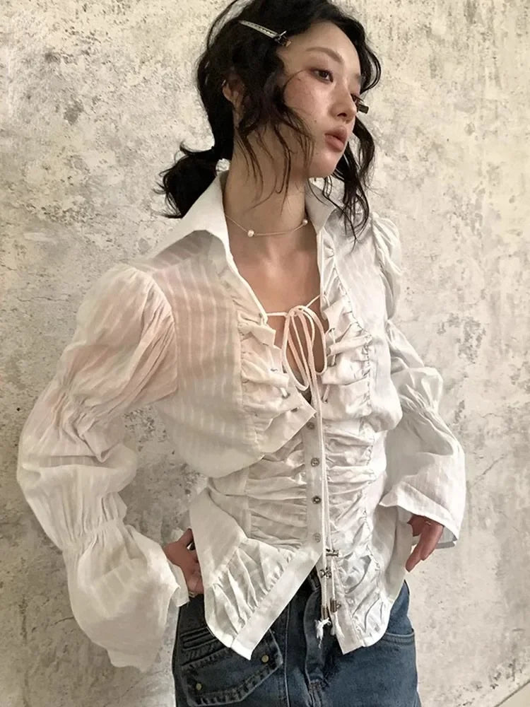 Flare Sleeve Lace Up Single Breasted Bowknot Blouse