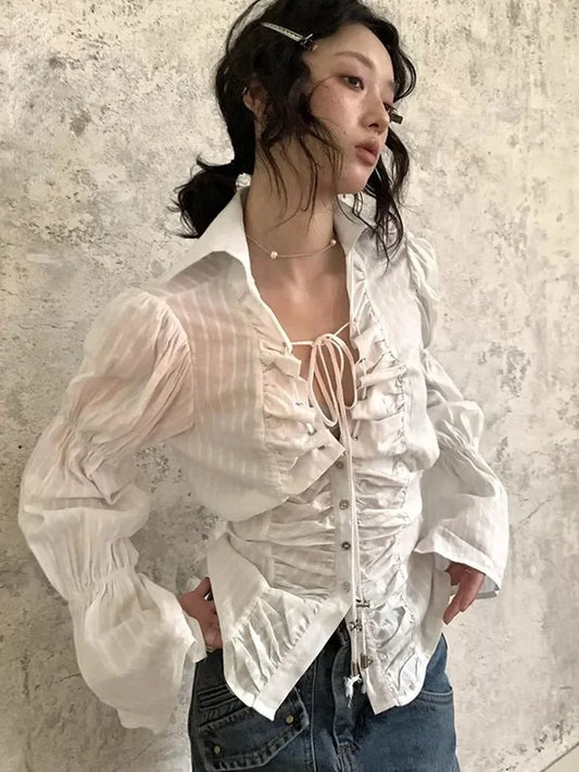 Flare Sleeve Lace Up Single Breasted Bowknot Blouse