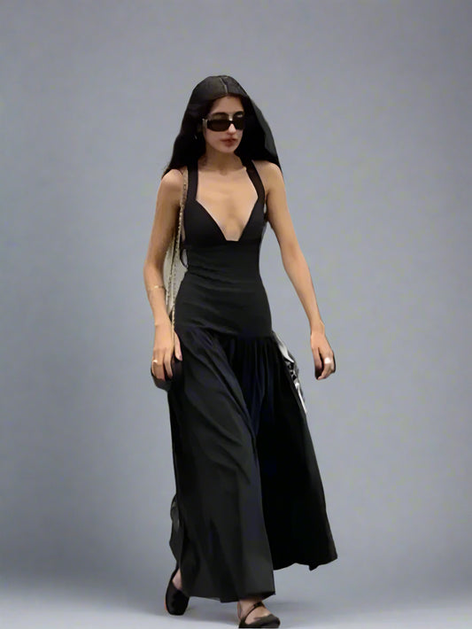 Black Satin Patchwork V-neck Sleeveless Backless Maxi Dress