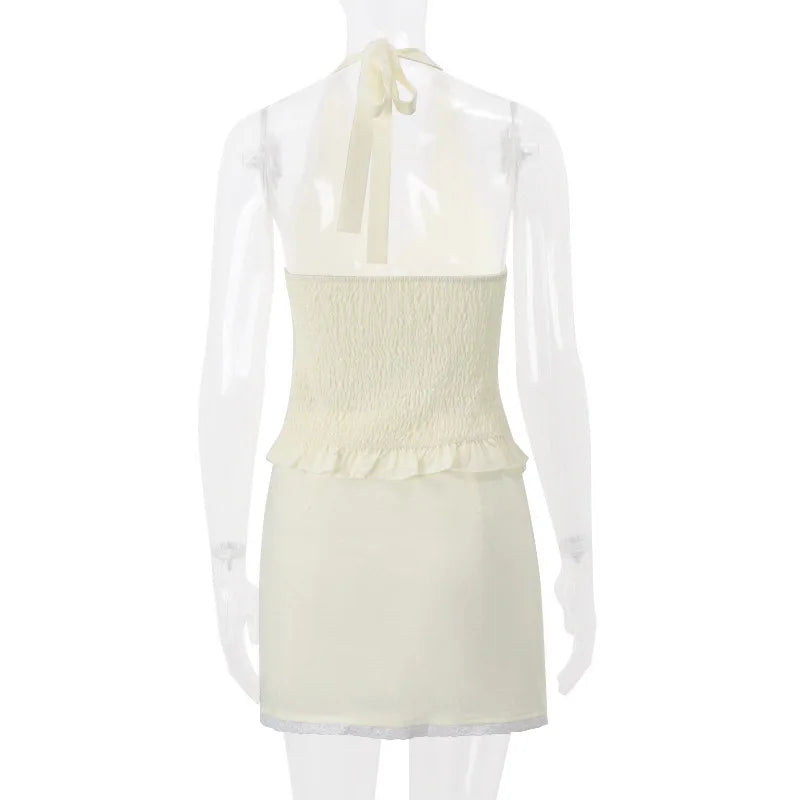 2 Piece Lace Trim Tie Halter Neck Ruffle Top + Mini Skirt
