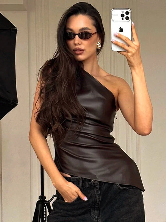 Vintage One Shoulder Slant Collar Side Zipper Leather Top