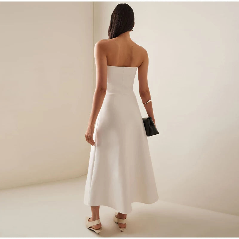 Elegant White Pleated Long Slim Tube Dress
