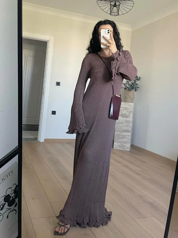 Elegant Ruffle Hem Knit White Long Dress