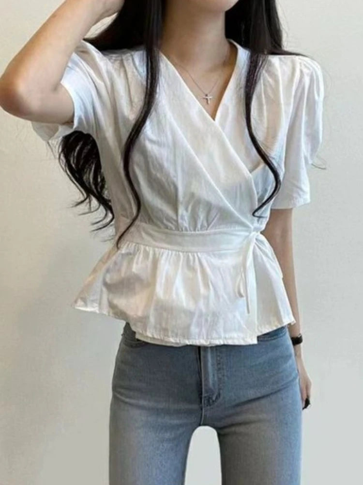 Chic Solid All-Match Lace -Up Blouse