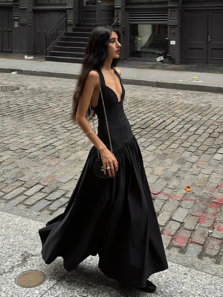 Black Satin Patchwork V-neck Sleeveless Backless Maxi Dress
