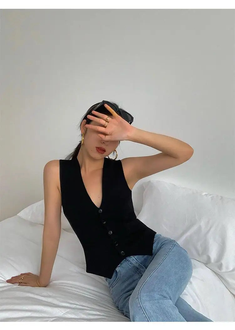 Vintage Solid V-Neck Vest