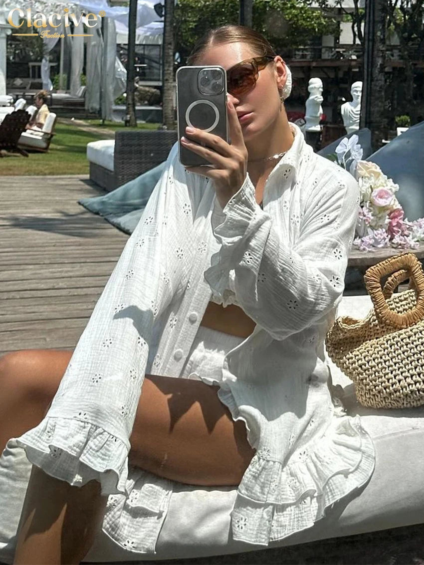 Loose White Cotton 3 Piece Set Long Sleeve Shirt + High Waist Shorts