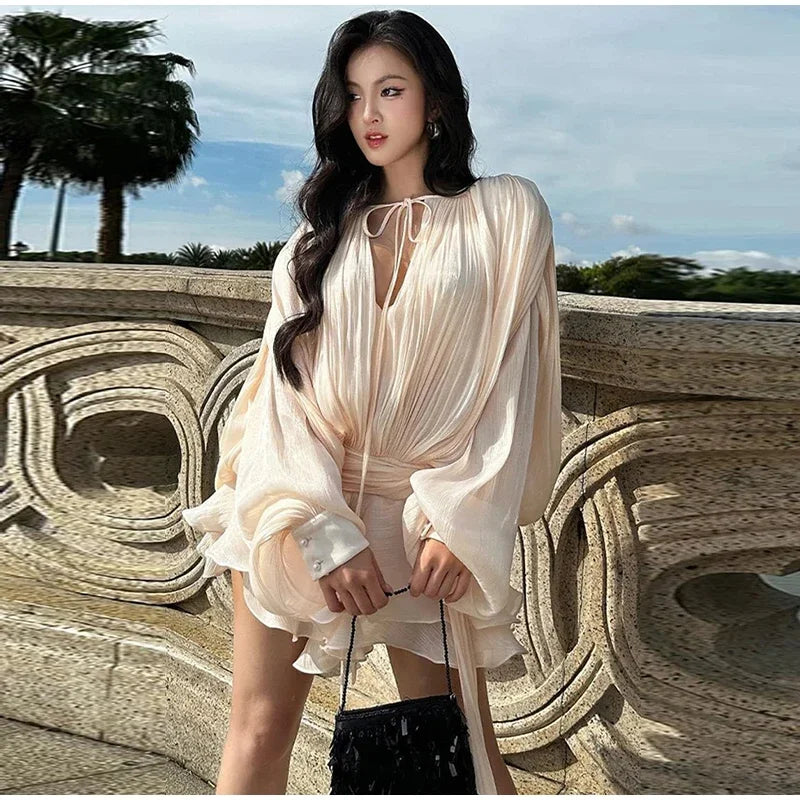 Chic Ruffle Hem Mini O Neck Lace Up Loose Blouse Dress