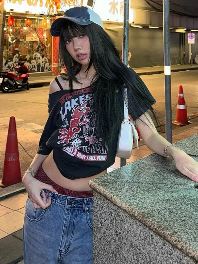 Letter Print Off Shoulder Streetwear