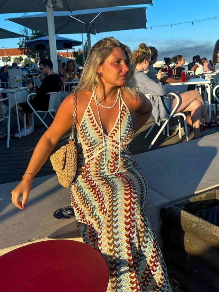 Printed Colorful Deep V-neck Crochet Maxi Dress