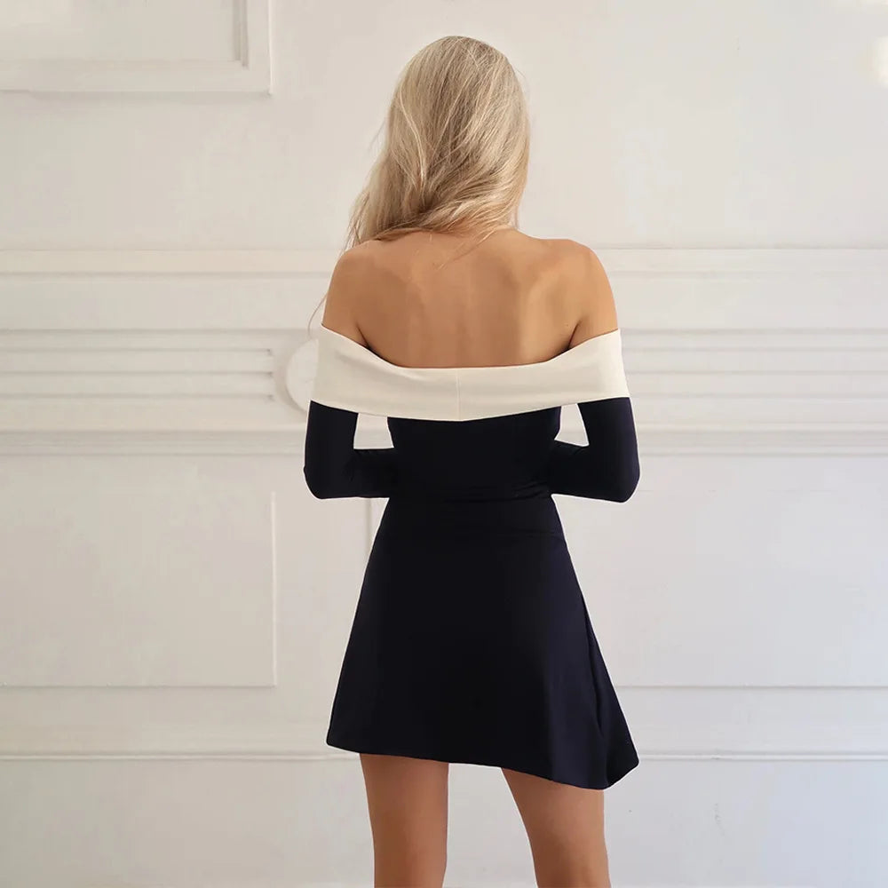 Elegant Off Shoulder Mini Backless Long Sleeve Black and White Sexy Bodycon Dresses