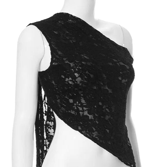 Luxury Lace Open Waist Asymmetric Slant Neck Top