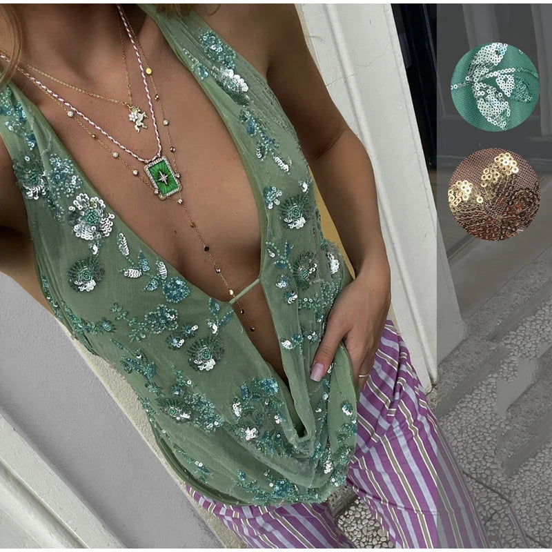 Chiffon Green Sequin Halter Tops