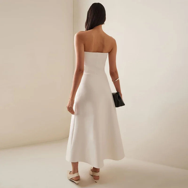 Elegant White Pleated Long Slim Tube Dress