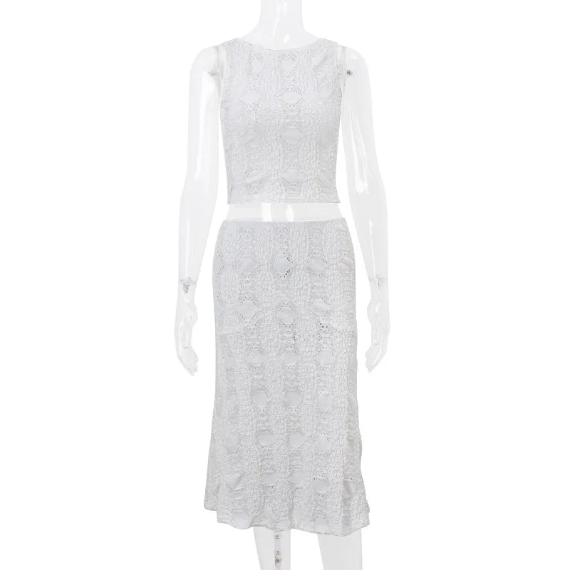 White Casual 2 Piece-Set Long Skirt + Hollow Out Patchwork Sexy Cropped Tank Top