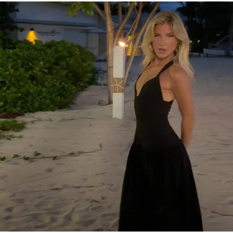 Black Satin Patchwork V-neck Sleeveless Backless Maxi Dress