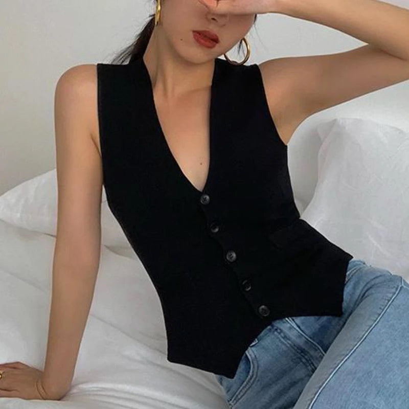 Vintage Solid V-Neck Vest