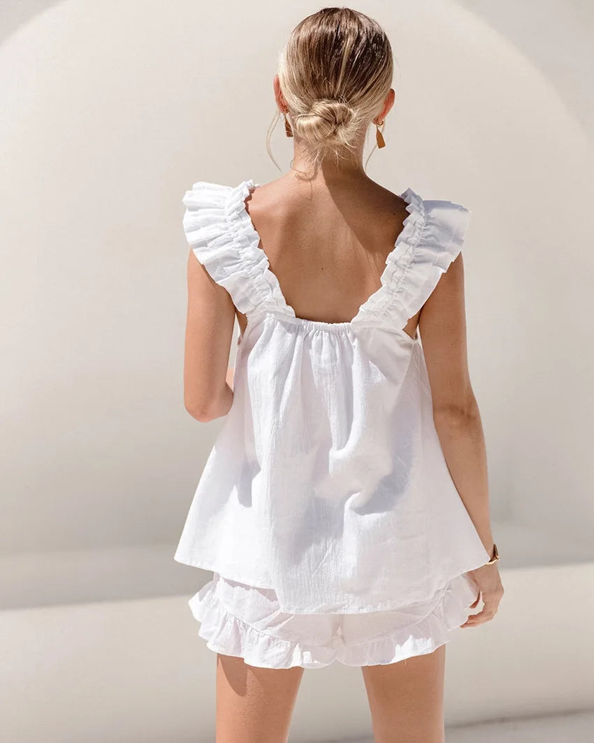 2 Pieces Set Ruffle Sleeveless Sling Square Tank Top + Collar Vest Shorts