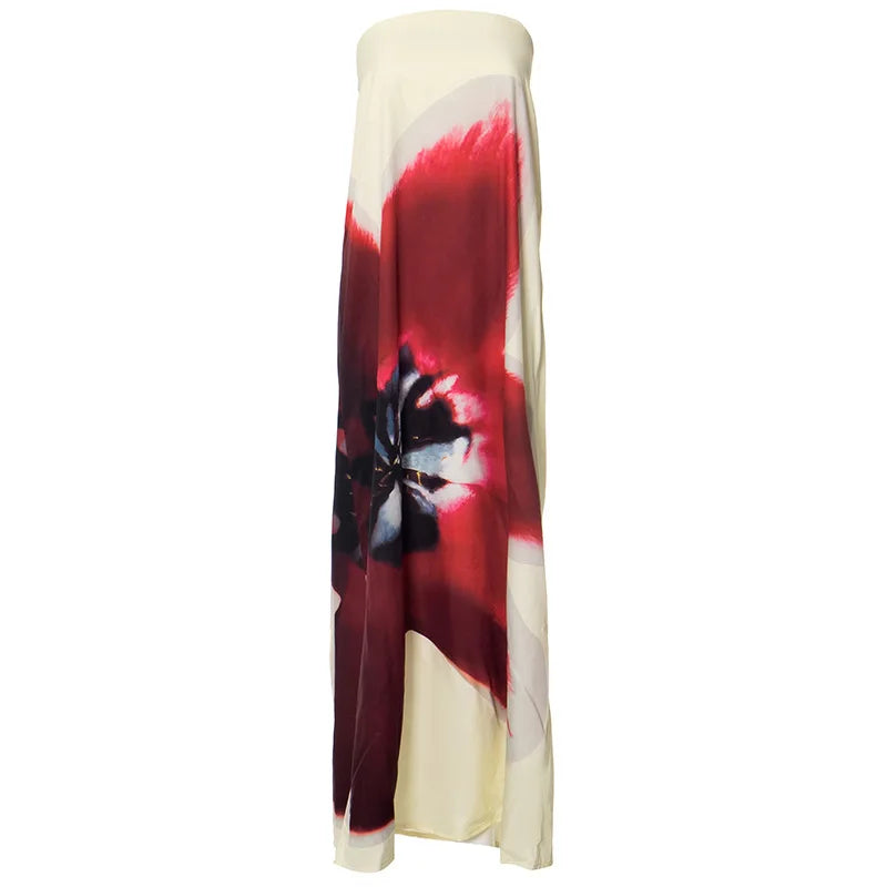 Sexy Yellow Strapless Print Floral Belt Maxi Dress