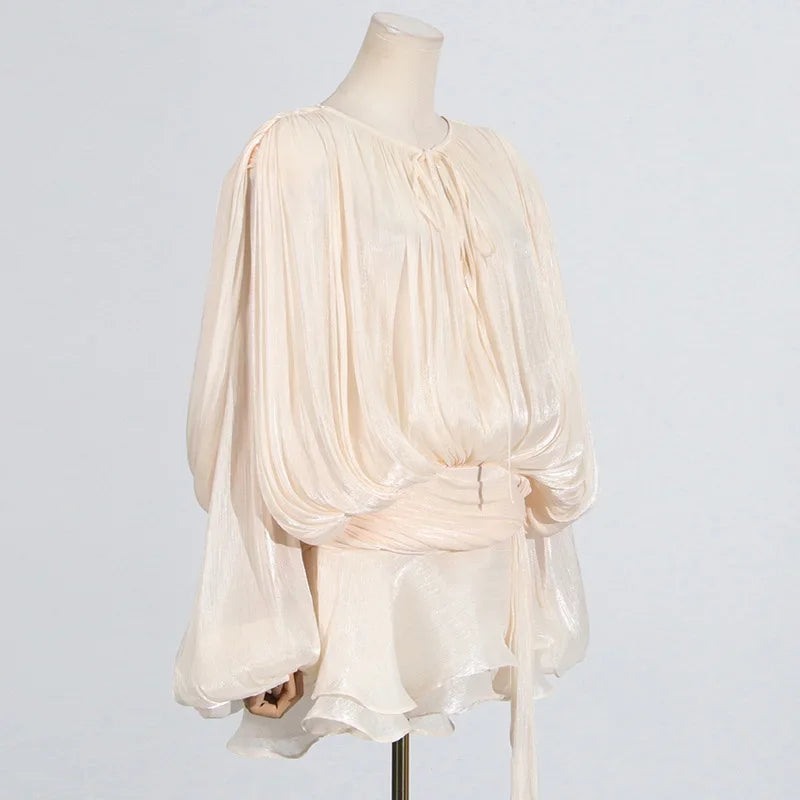 Chic Ruffle Hem Mini O Neck Lace Up Loose Blouse Dress