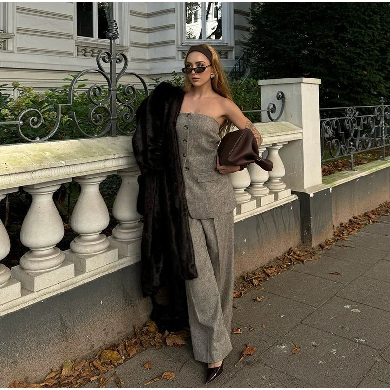 Sleeveless Single-breasted Vest High Waist + Wide Leg Trousers Set