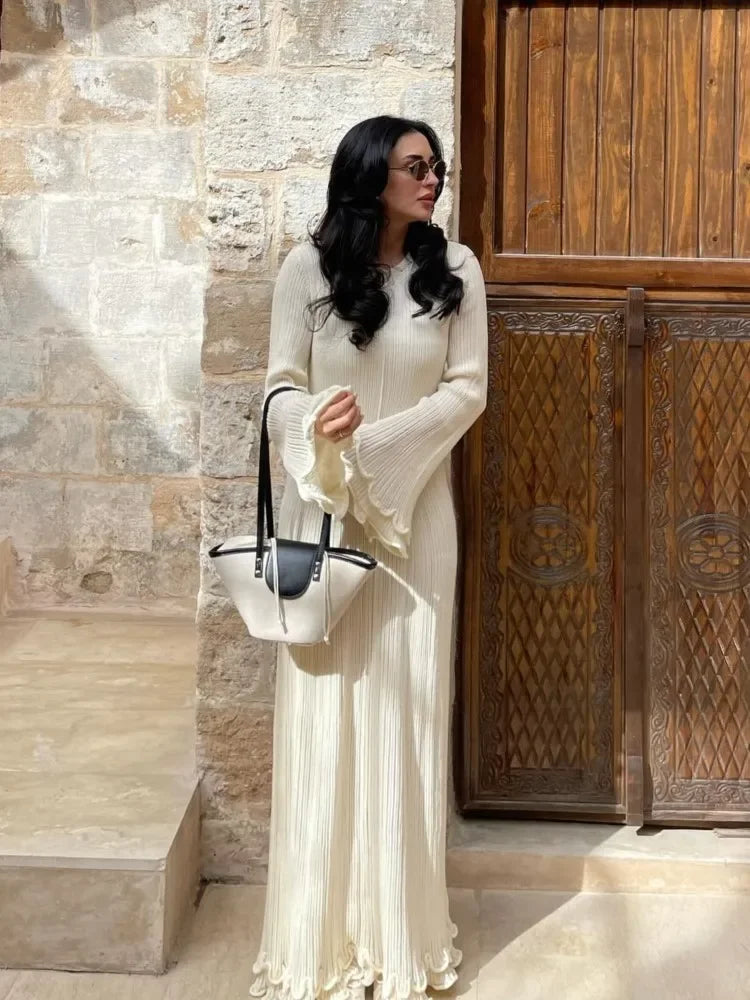 Elegant Ruffle Hem Knit White Long Dress