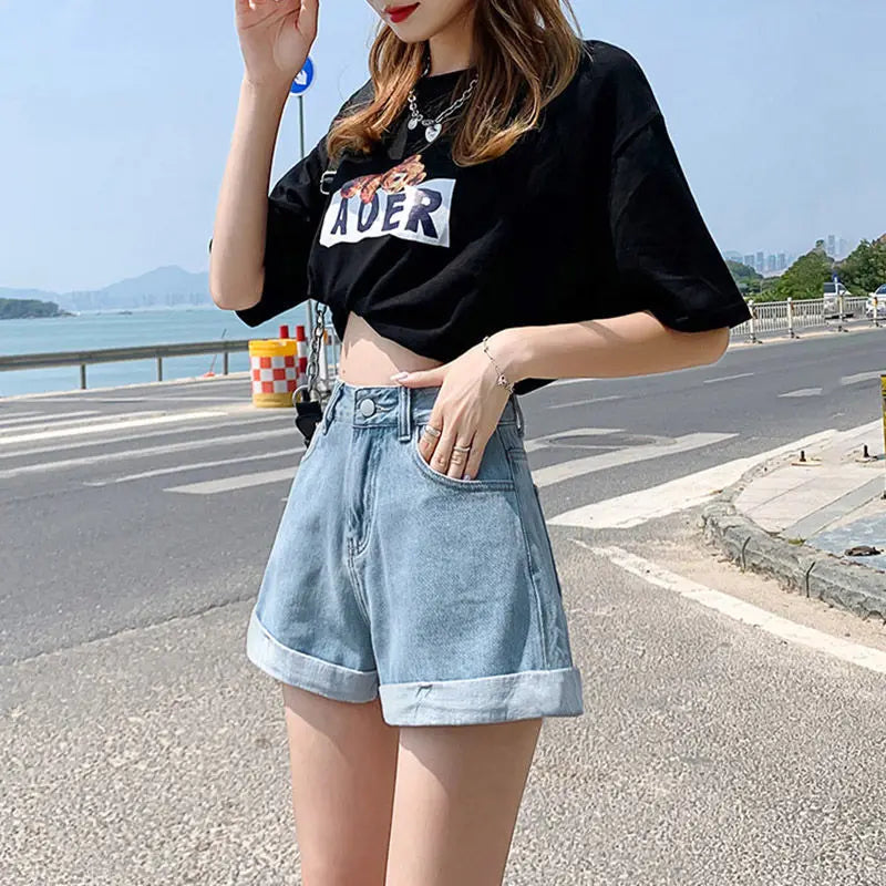 Summer Women's Denim Shorts High Waist Blue Cotton Wide-leg Short Pants Girl's Student Mini Korean Fashion Womens Jean Shorts