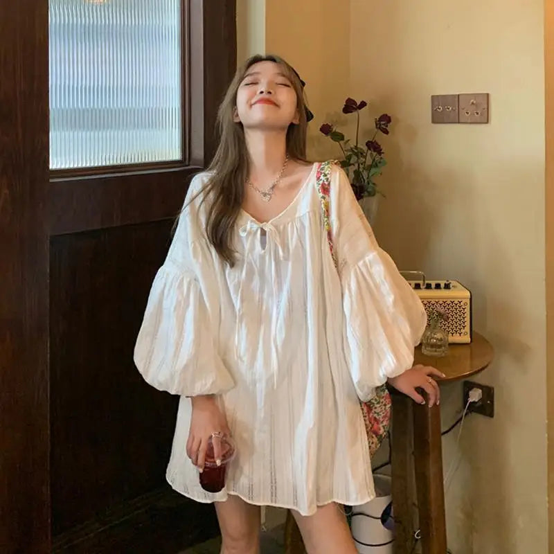 Simple Sheer Loose Lantern Sleeve Dress