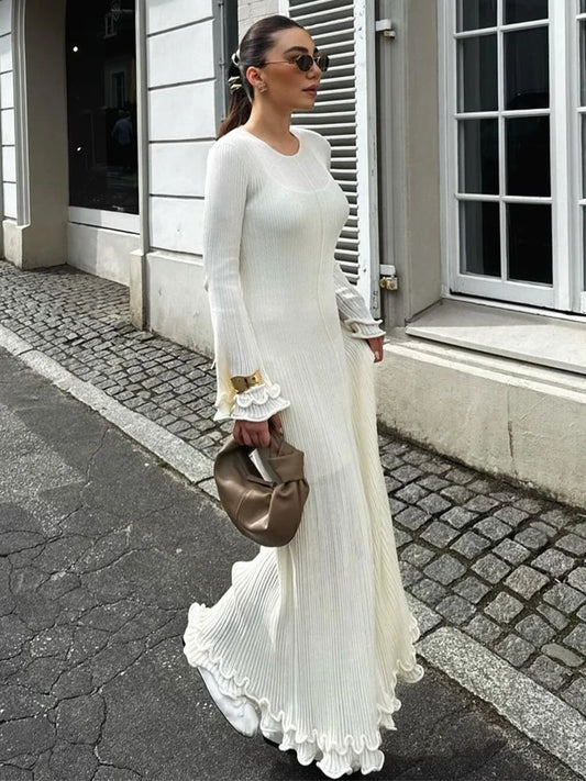 Elegant Ruffle Hem Knit White Long Dress