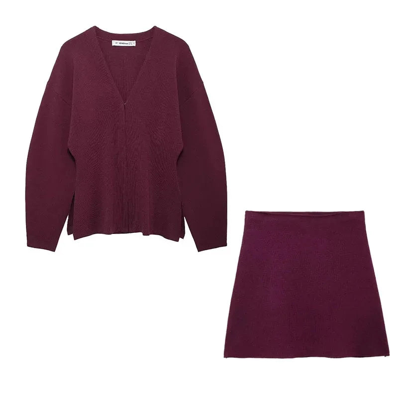 2 Pieces Knit Mini Skirt Top Set