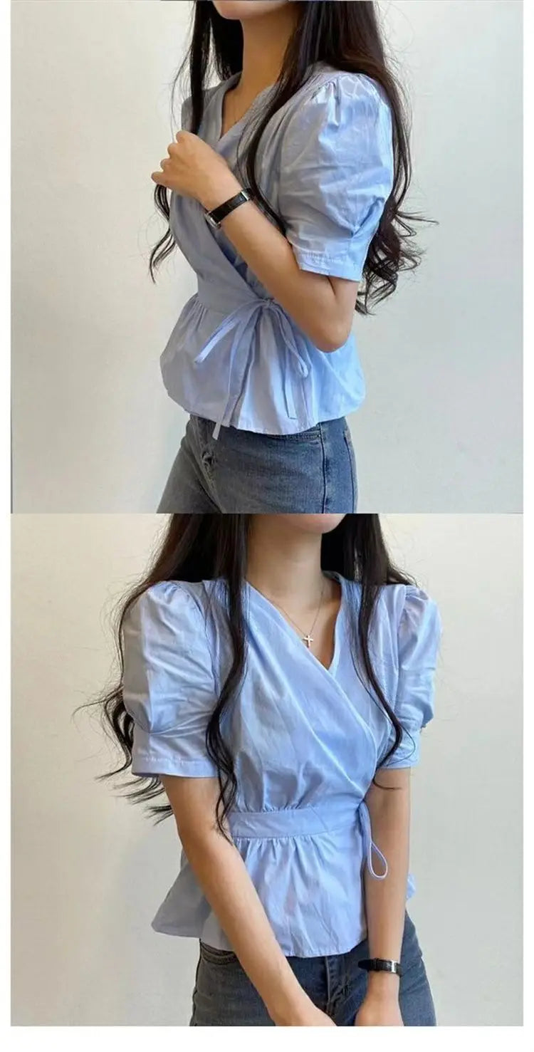 Chic Solid All-Match Lace -Up Blouse