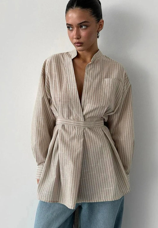 Classic Brown Striped Stand Collar Long Sleeve Shirt