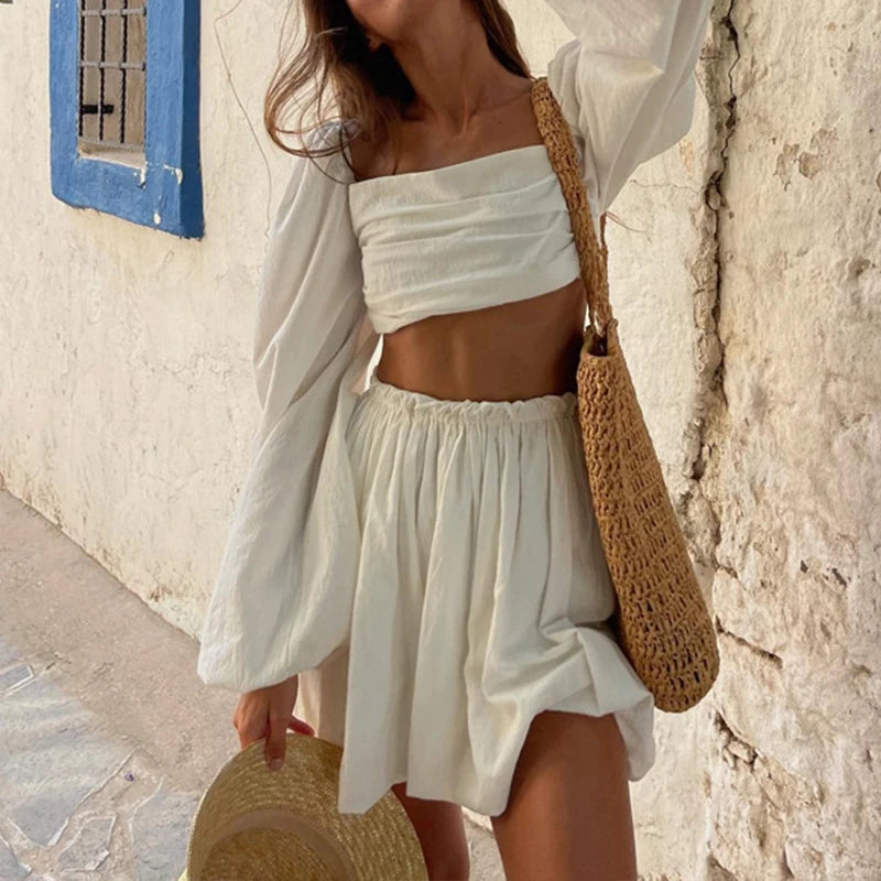 Elastic High Waist Mini Skirt + Lantern Long Sleeve Top Set