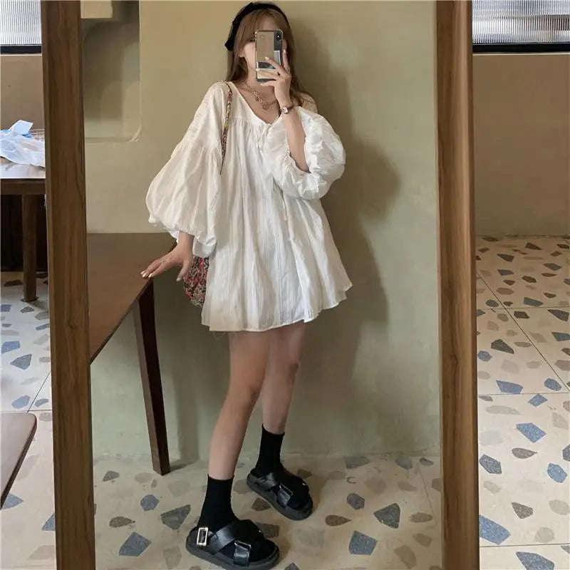 Simple Sheer Loose Lantern Sleeve Dress
