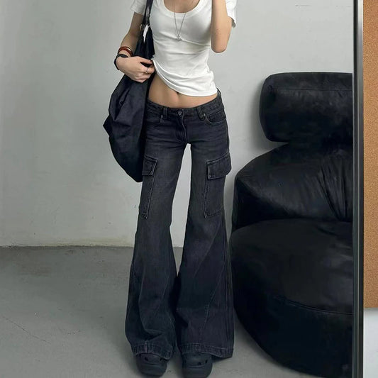 High Waist Flare Denim Pants Multiple Pockets Denim Trouser