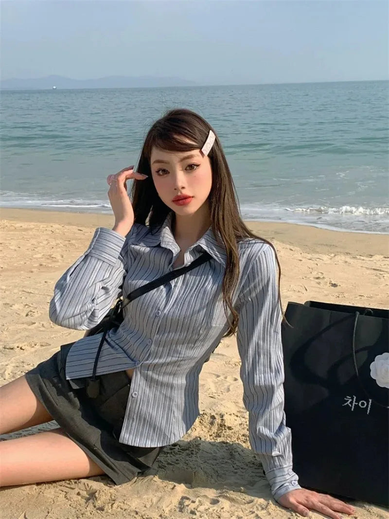 Striped Polo Collar Blouse