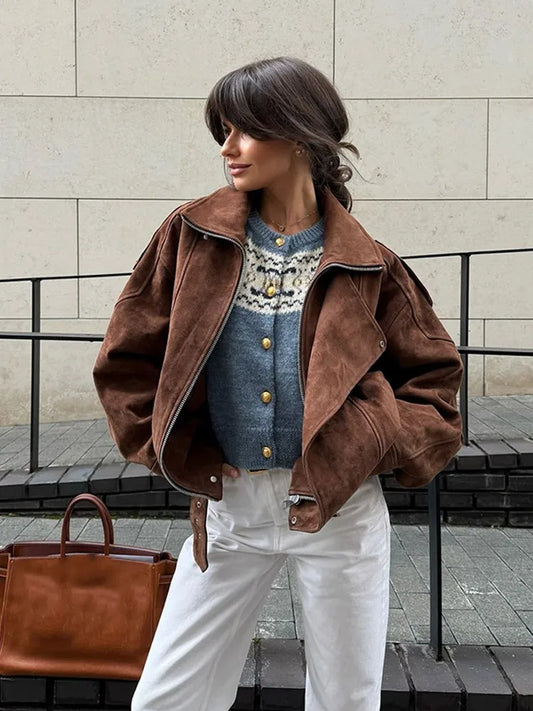 Chic Brown Suede Cropped Casual Coat