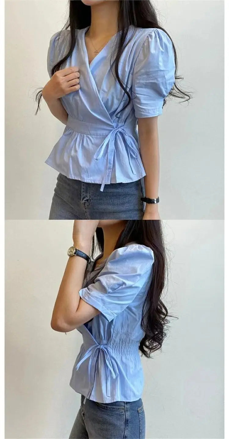 Chic Solid All-Match Lace -Up Blouse