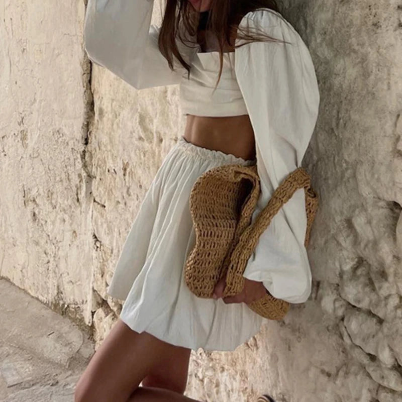 Elastic High Waist Mini Skirt + Lantern Long Sleeve Top Set