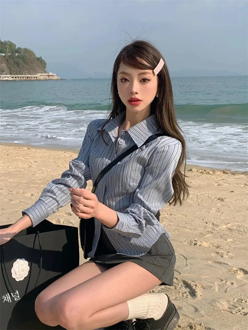 Striped Polo Collar Blouse