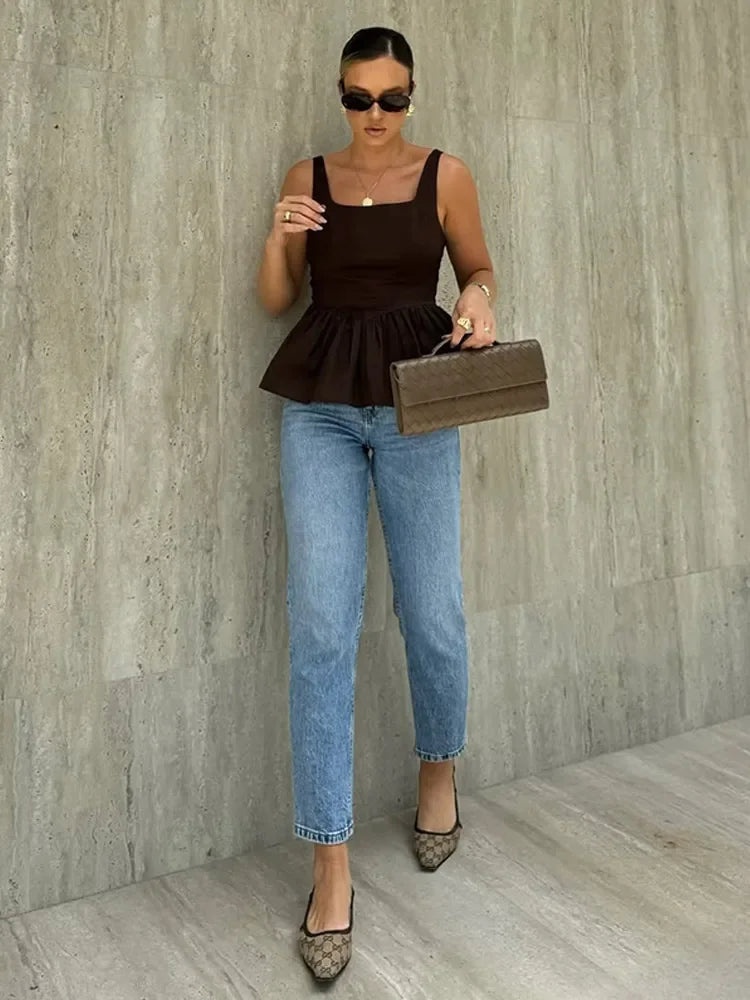 Slim Brown Pleated Tank Top