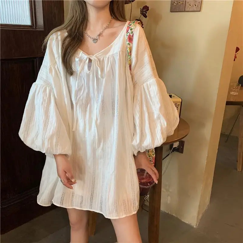 Simple Sheer Loose Lantern Sleeve Dress