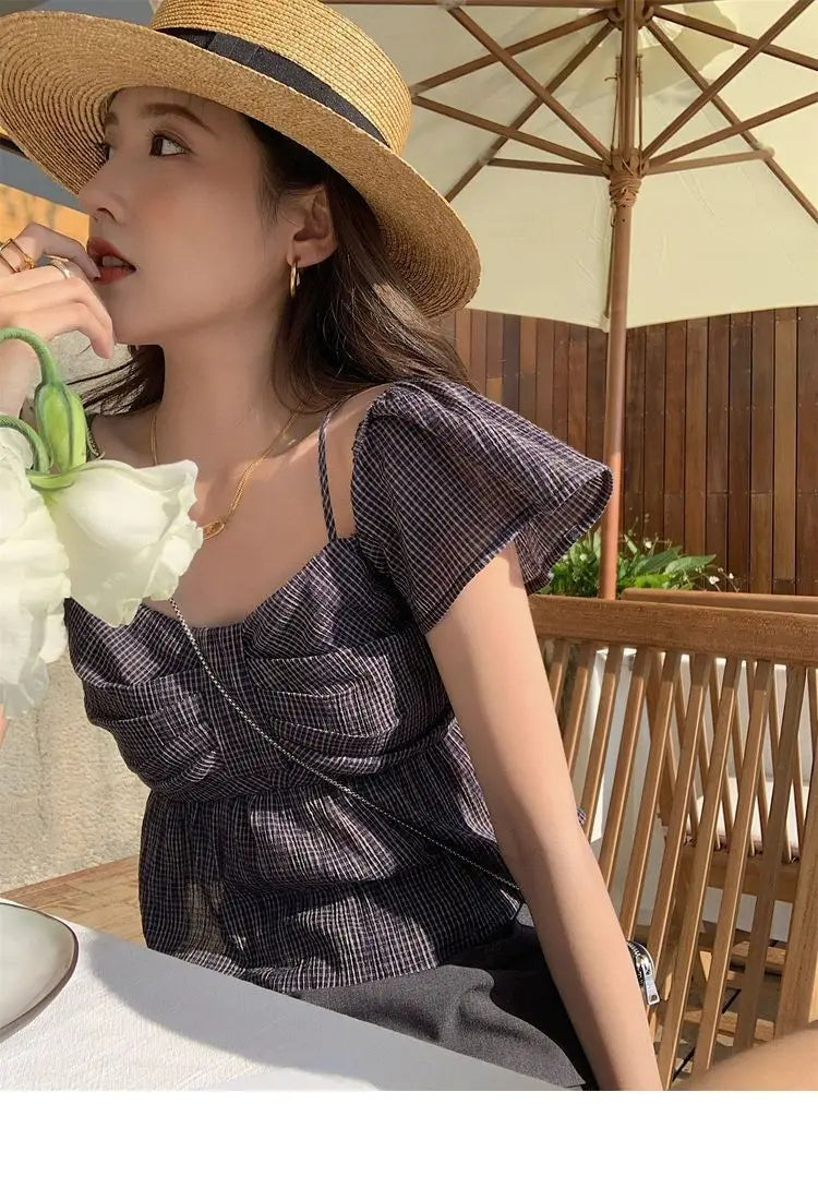 Plaid Square Collar Blouse with Bow