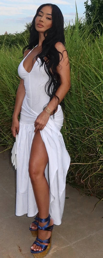 2 Piece Set Classic V-neck Camis Bodysuits + Tied Split Ruffle Maxi Skirt